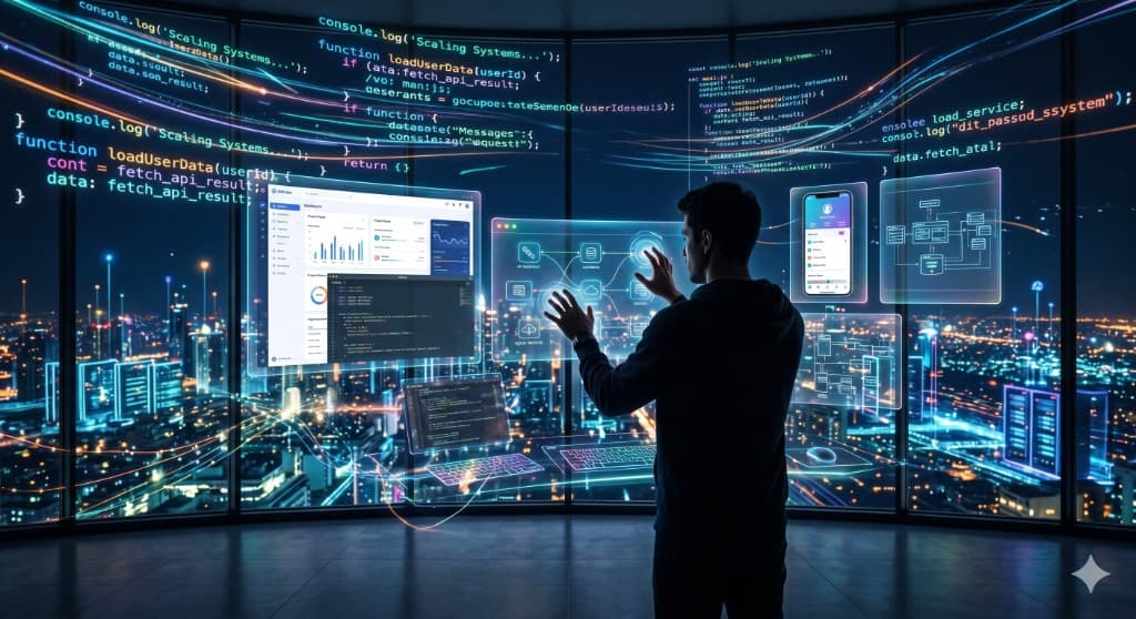 Developer working with holographic interfaces, code streams, and scalable systems