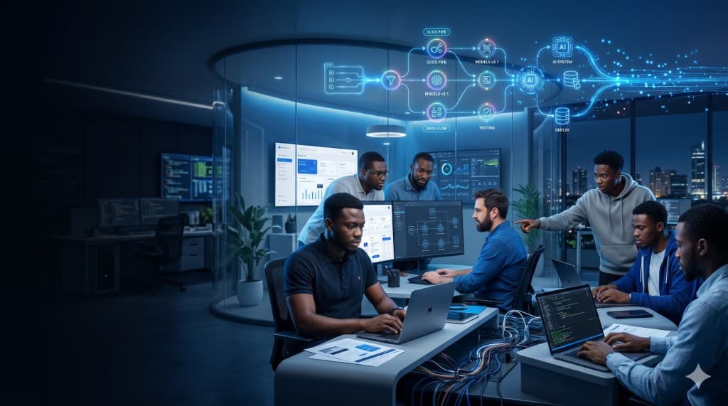 Engineering team in a modern office with holographic CI/CD, data flow, testing, AI system, and deploy workflow